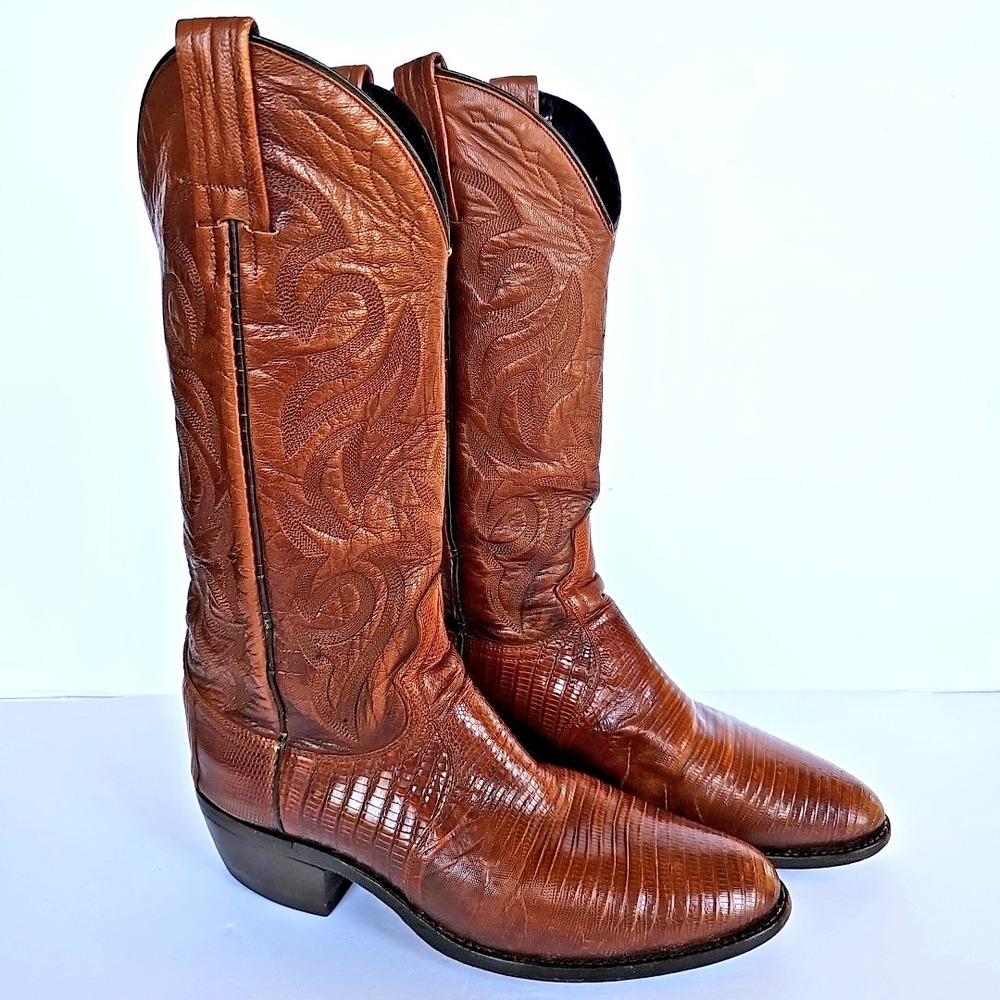 Vtg Dan Post Lizard Skin Western Cowboy Boots Stitched Leather Exotic Sz 7.5